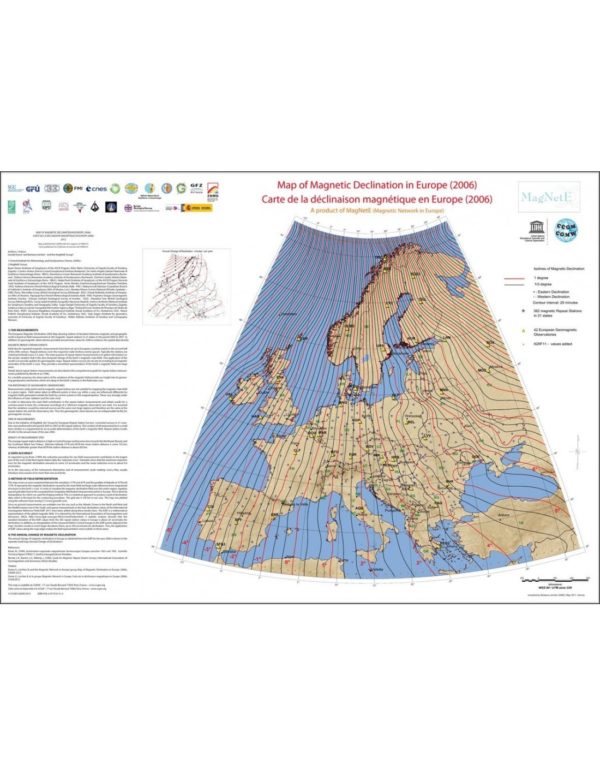 Map of magnetic declination in Europe (2006)