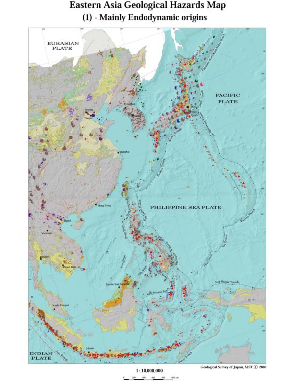 Carte des risques géologiques de l'Asie de l'Est