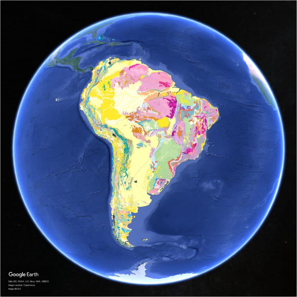 Carte géologique de l'Amérique du Sud dans Google Earth